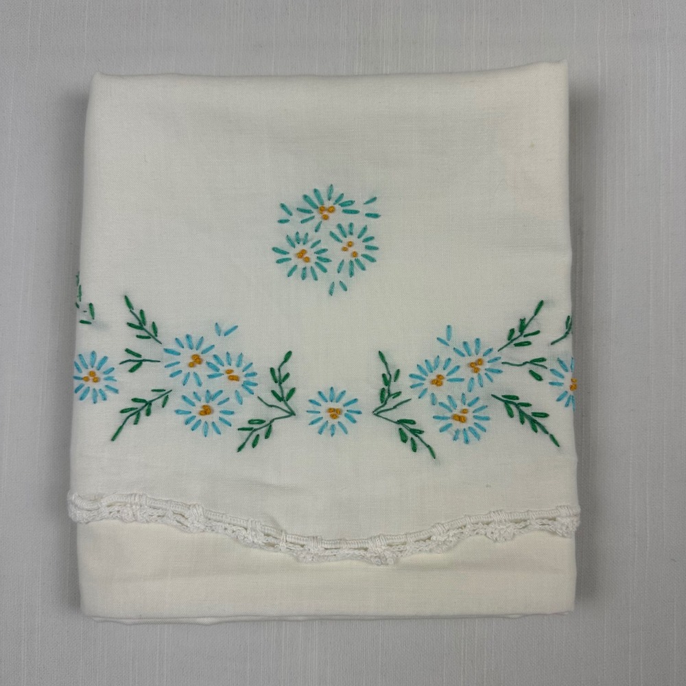 Vintage Hand Embroidered Floral White Cotton Scalloped Lace Trim Pillowcase